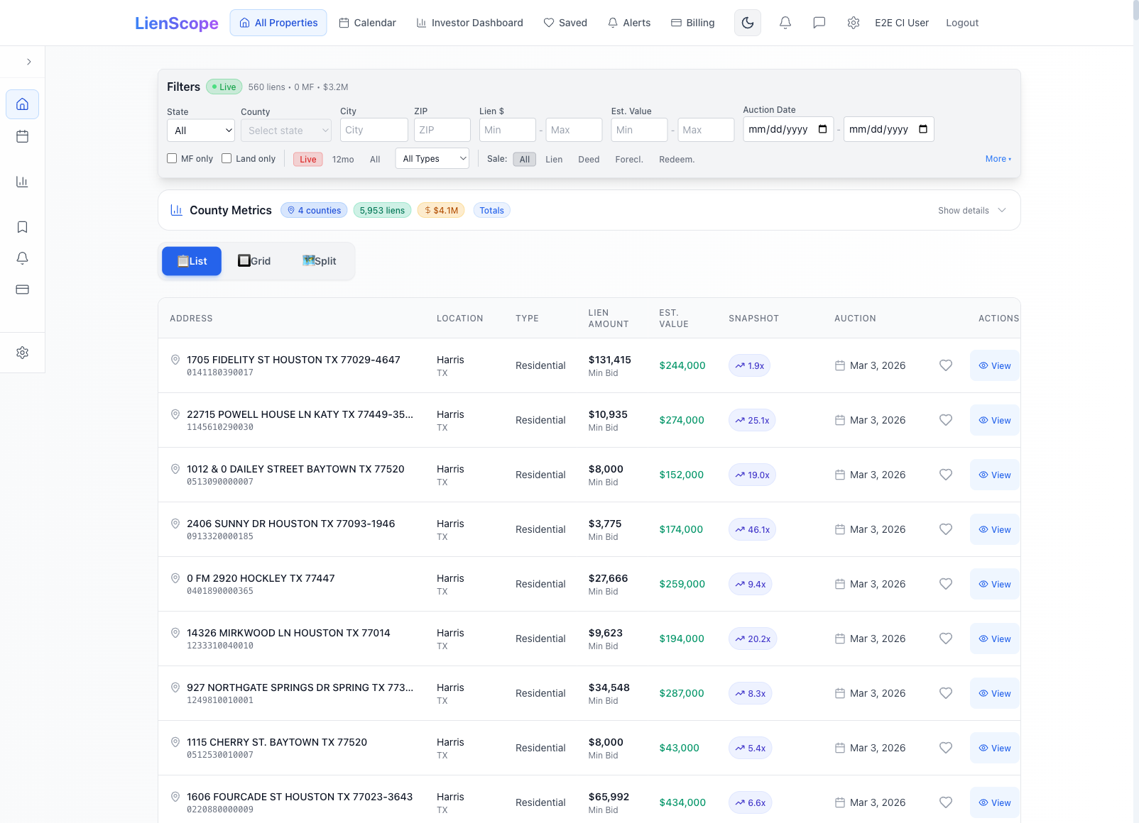 LienScope Dashboard - Tax lien data search and filtering interface